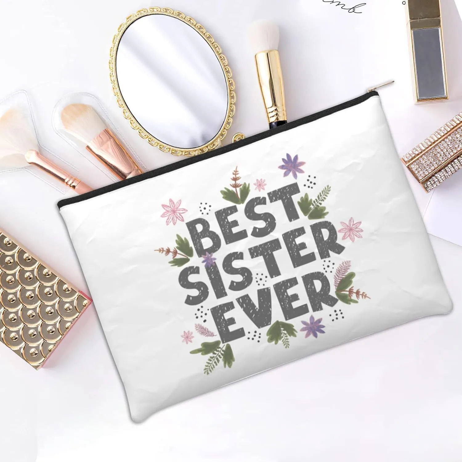 Small Makeup Bag Best Sister Ever Cosmetic Bag for Women Portable Purse Travel Toiletry Bag Accessories Organizer Zipper Pouch