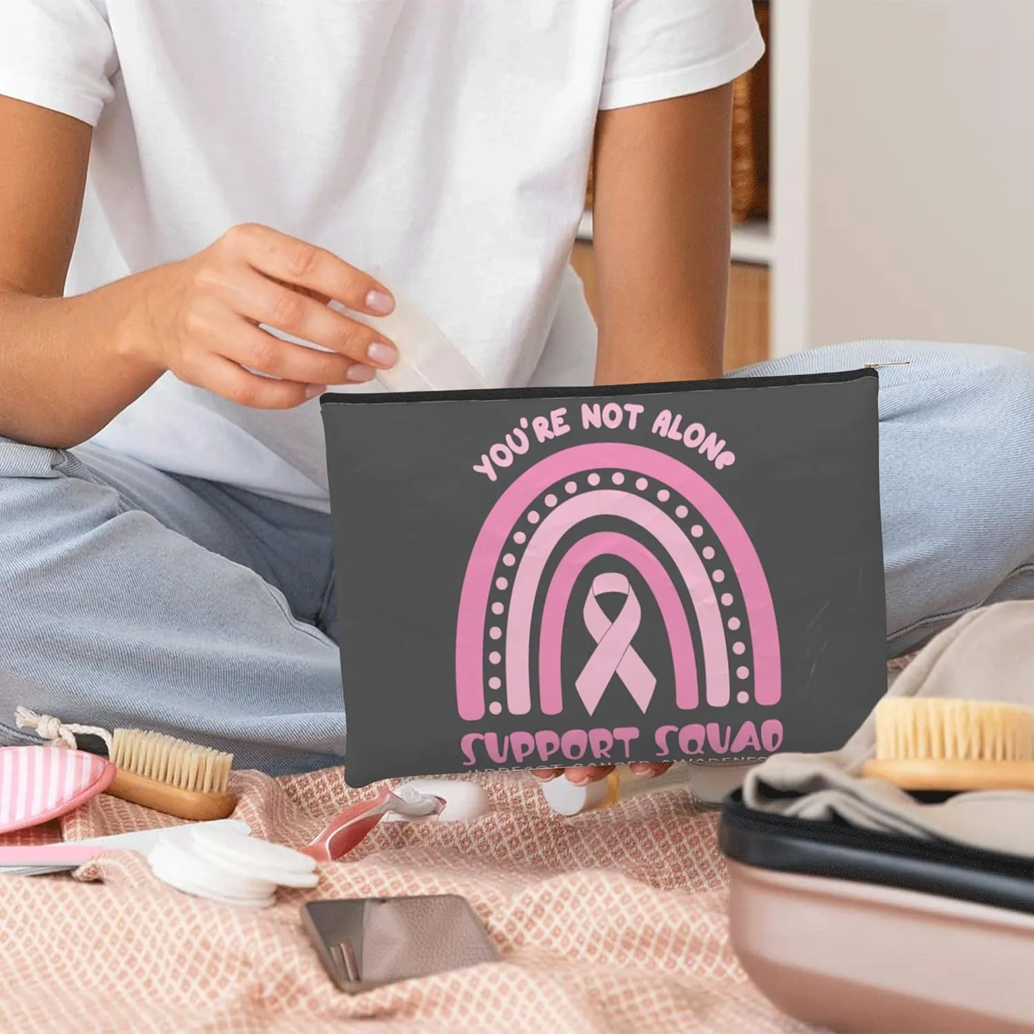 Small Makeup Bag Breast Cancer Ribbon Cosmetic Bag for Women Portable Purse Travel Toiletry Bag Accessories Organizer Zipper Pouch
