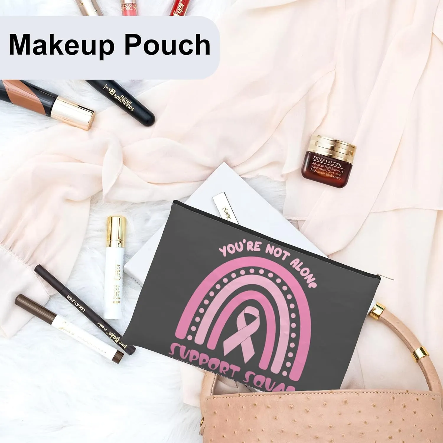 Small Makeup Bag Breast Cancer Ribbon Cosmetic Bag for Women Portable Purse Travel Toiletry Bag Accessories Organizer Zipper Pouch