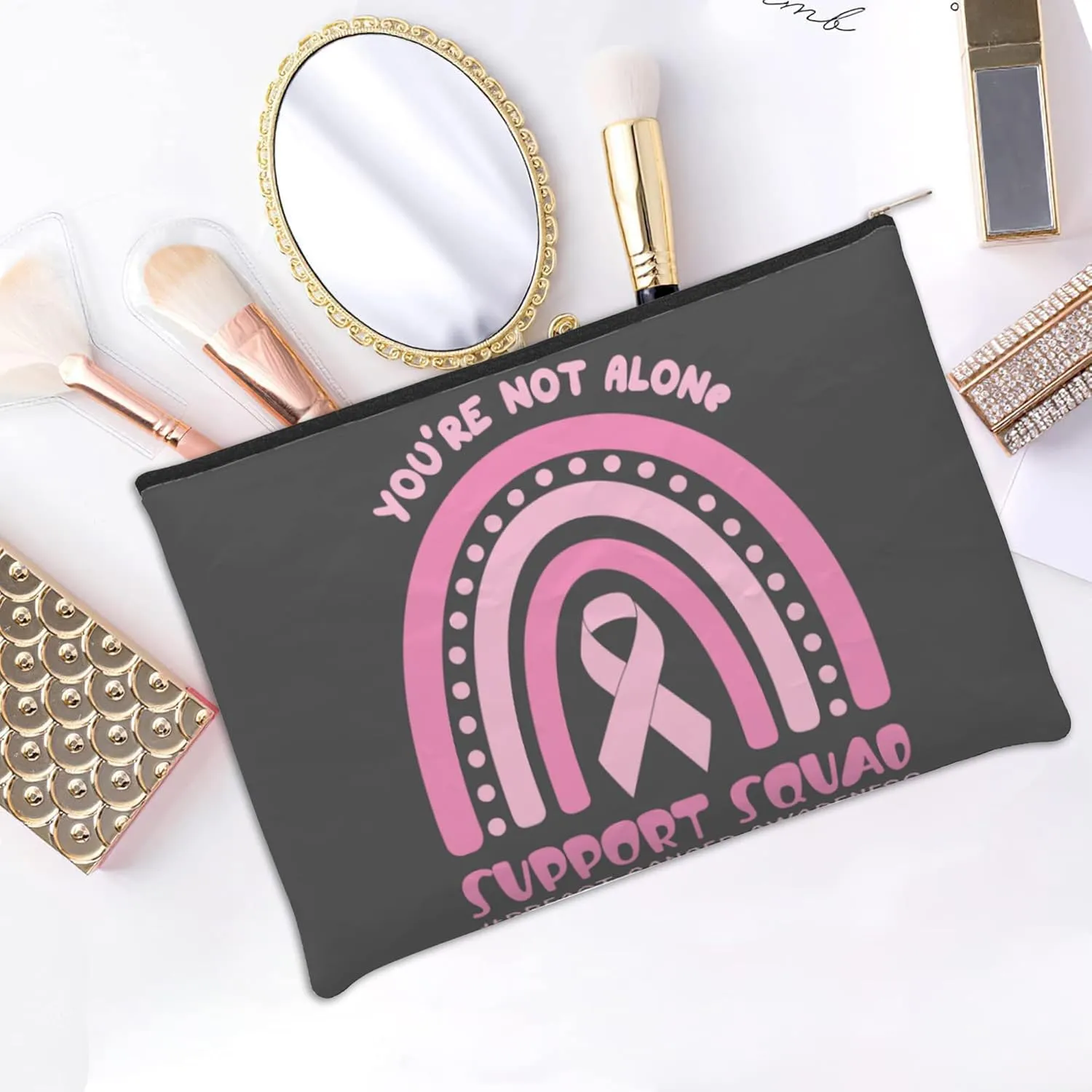 Small Makeup Bag Breast Cancer Ribbon Cosmetic Bag for Women Portable Purse Travel Toiletry Bag Accessories Organizer Zipper Pouch