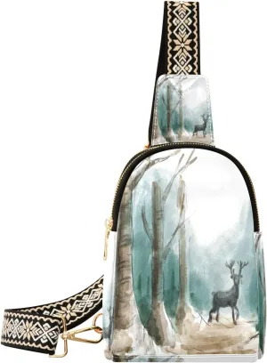 Small Sling Bag Waist Packs Leather Crossbody Packs Chest Bag Deer in Woods for Women Travel Belt Purse