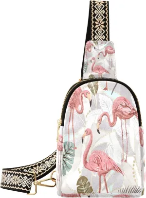 Small Sling Bag Waist Packs Leather Crossbody Packs Chest Bag Leaves Flamingos for Women Travel Belt Purse