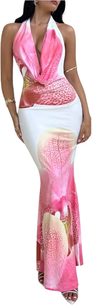 SOLY HUX Women's Floral Print Maxi Dress Halter Draped Cowl Neck Sleeveless Backless Bodycon Long Dresses