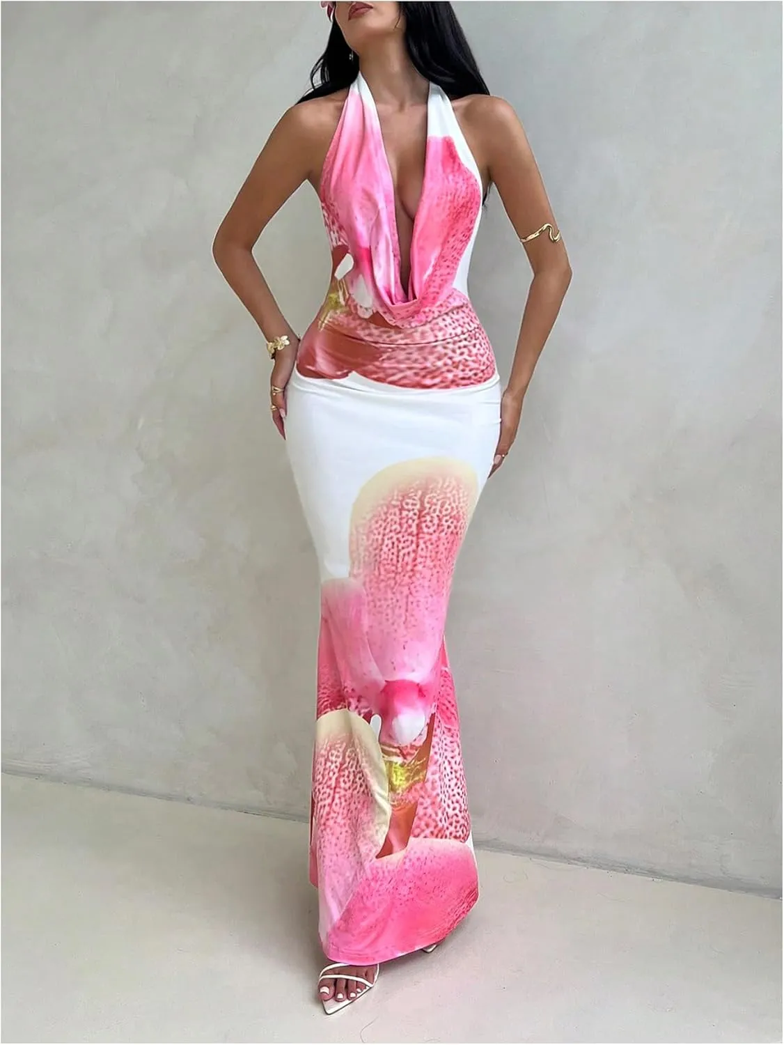 SOLY HUX Women's Floral Print Maxi Dress Halter Draped Cowl Neck Sleeveless Backless Bodycon Long Dresses