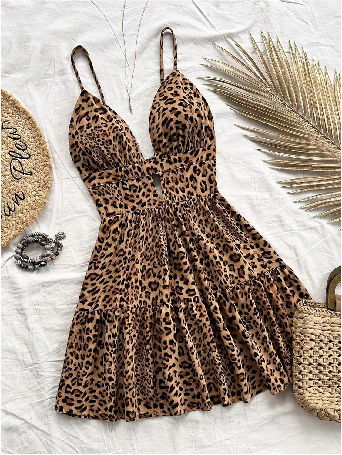 SOLY HUX Women's Summer Mini Dresses Printed V Neck Spaghetti Straps Party Beach Cami Dresses