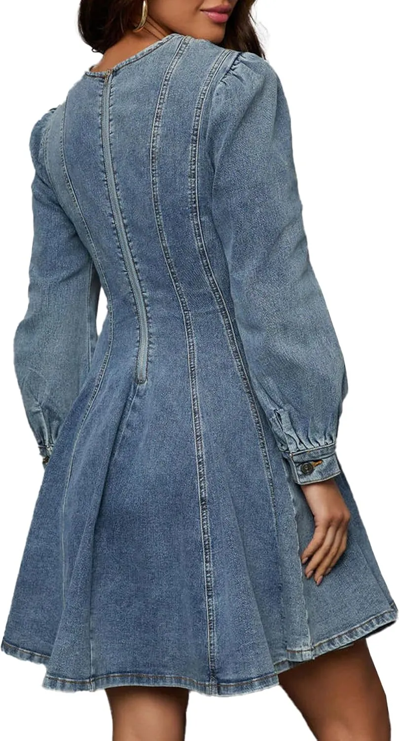 SOMTHRON Women's Long Sleeve Denim Mini Dress Crewneck Ruffle Flare A Line Fall Short Jean Dress