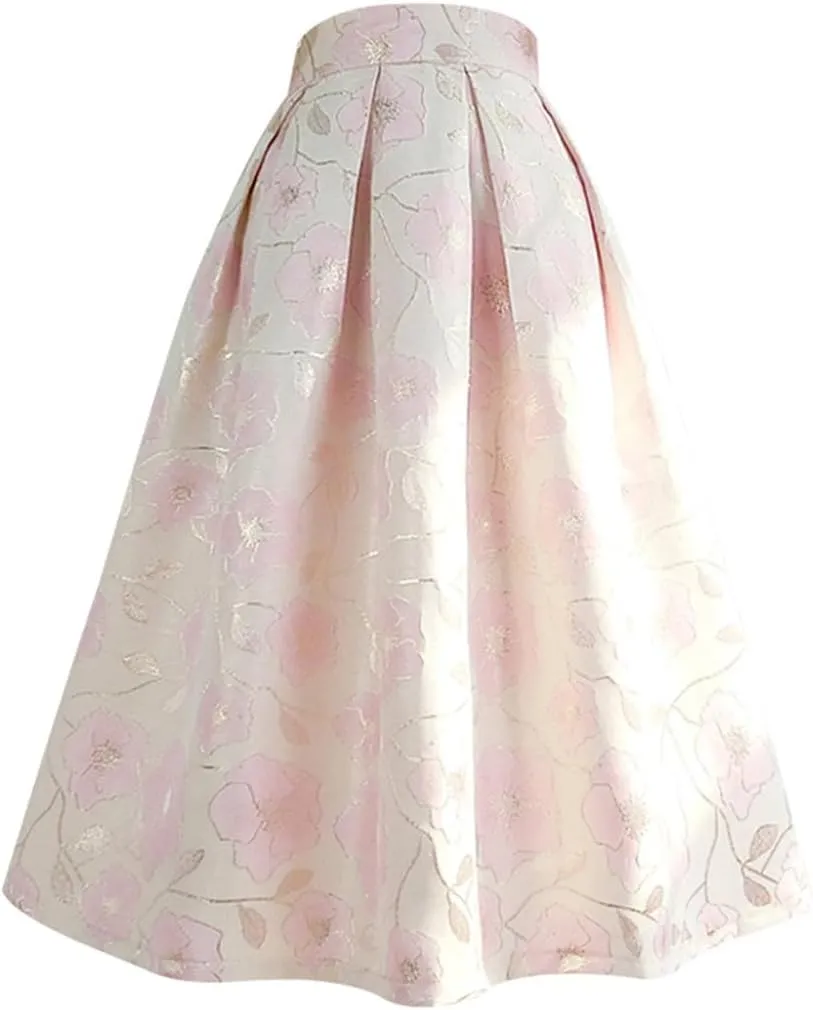 Spring Autumn Vintage Elegant Floral Print Pleated Midi Skirt