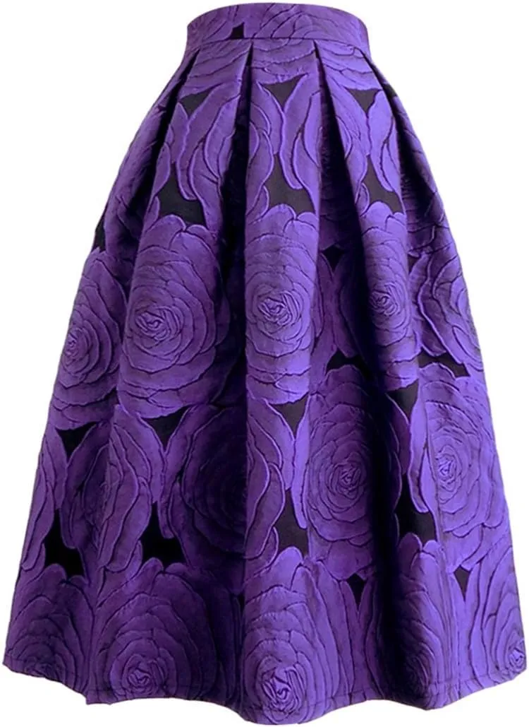 Spring Autumn Vintage Elegant Floral Print Pleated Midi Skirt