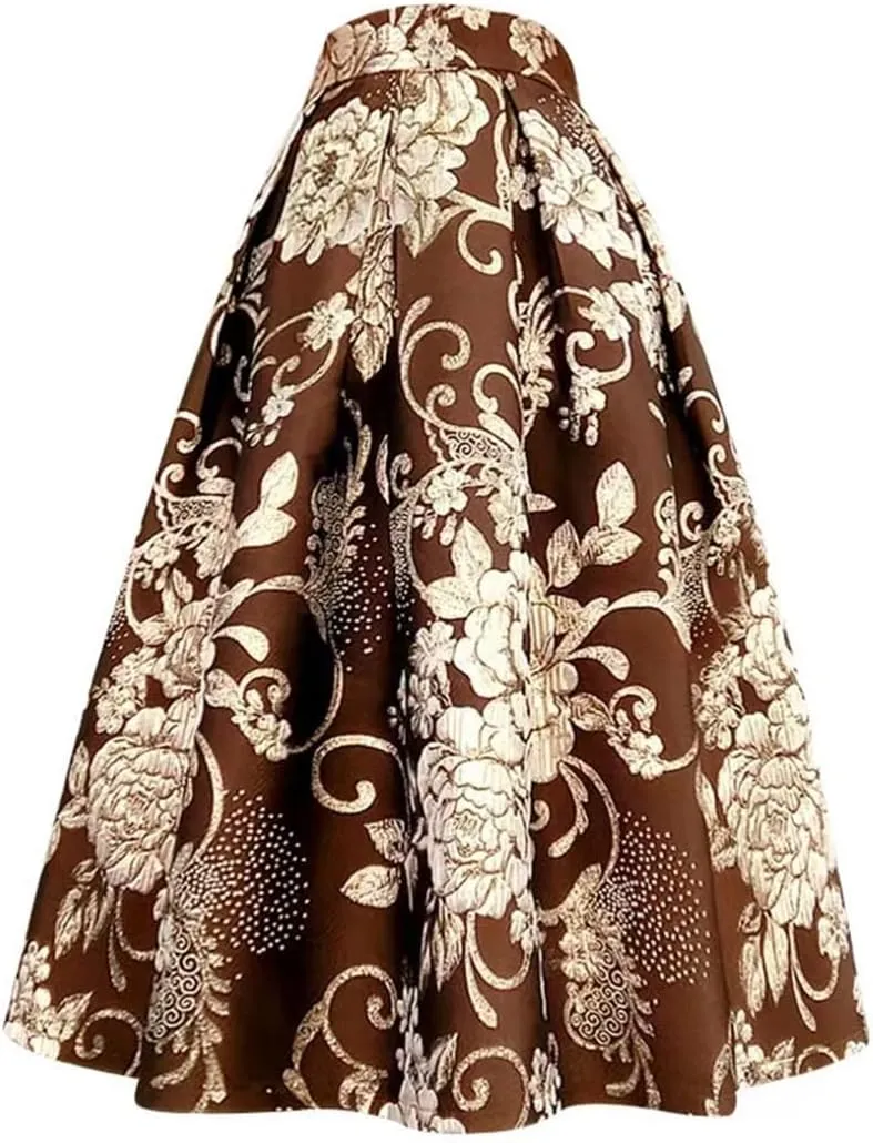 Spring Autumn Vintage Elegant Floral Print Pleated Midi Skirt