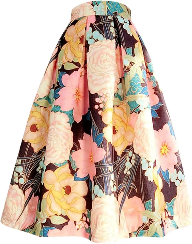 Spring Autumn Vintage Elegant Floral Print Pleated Midi Skirt