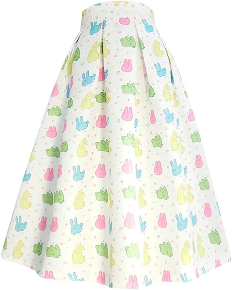 Spring Autumn Vintage Elegant Floral Print Pleated Midi Skirt