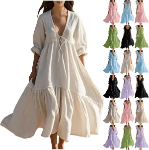 Summer Dresses for Women 2025 Casual Loose V Neck Linen Dress Vacation Flowy Beach Cover Up Maxi Dress Sundresses