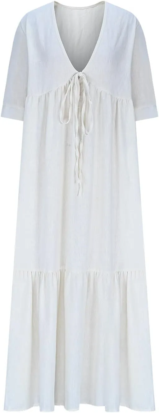 Summer Dresses for Women 2025 Casual Loose V Neck Linen Dress Vacation Flowy Beach Cover Up Maxi Dress Sundresses