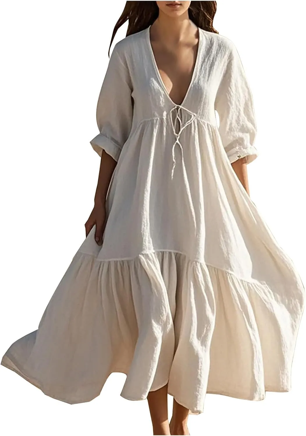 Summer Dresses for Women 2025 Casual Loose V Neck Linen Dress Vacation Flowy Beach Cover Up Maxi Dress Sundresses