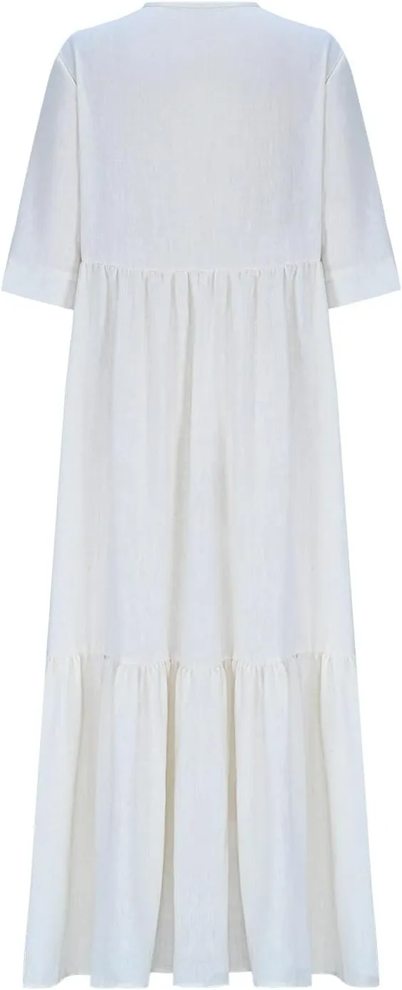 Summer Dresses for Women 2025 Casual Loose V Neck Linen Dress Vacation Flowy Beach Cover Up Maxi Dress Sundresses