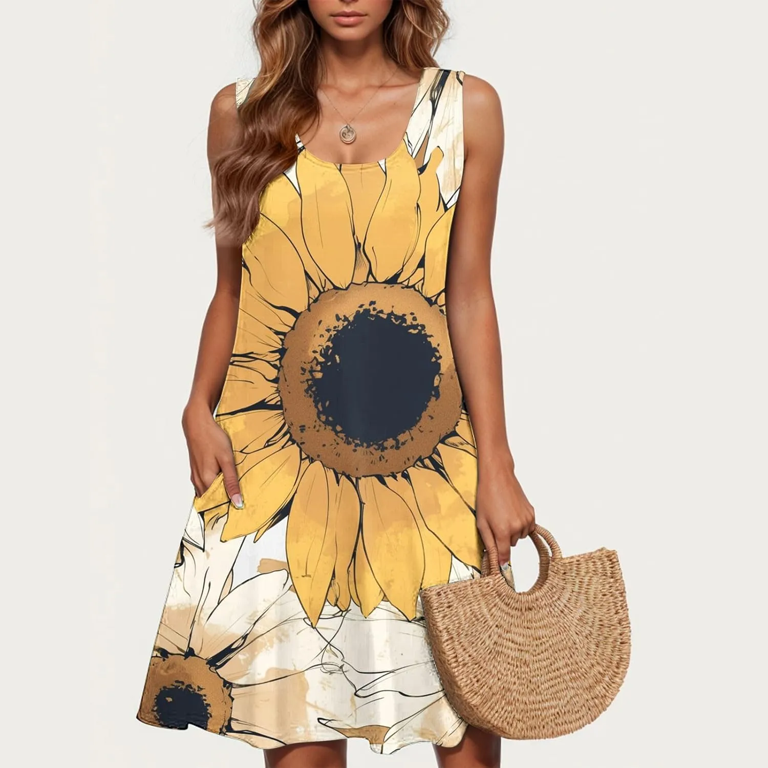 Summer Dresses for Women 2025 Short Crewneck Sleeveless Sundresses Casual Vacation Floral Boho Beach Dress Cover Up