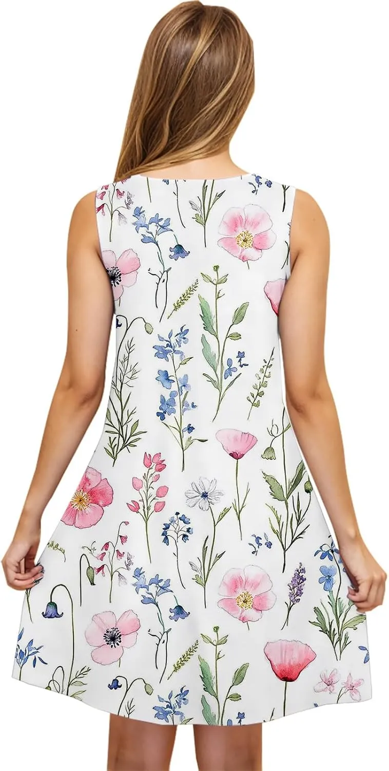 Summer Floral Tank Dresses for Women Sleeveless Mini Tunic Dress Beach Holiday Ruffle Swing Sundress Bikini Cover Up