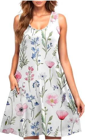 Summer Floral Tank Dresses for Women Sleeveless Mini Tunic Dress Beach Holiday Ruffle Swing Sundress Bikini Cover Up