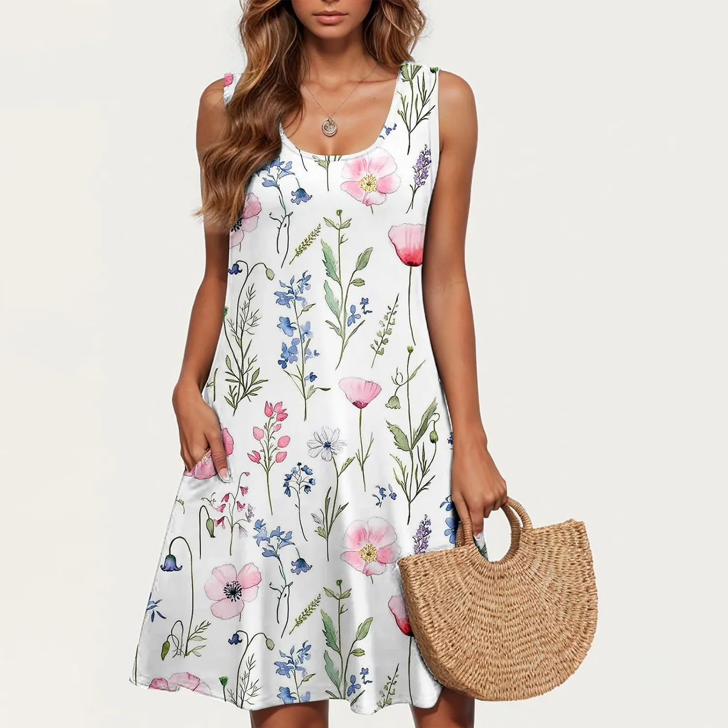 Summer Floral Tank Dresses for Women Sleeveless Mini Tunic Dress Beach Holiday Ruffle Swing Sundress Bikini Cover Up