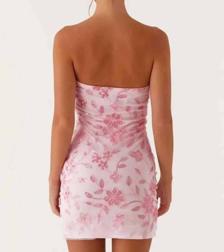 Summer Sequin Floral Embroidered Strapless Bodycon Mini Dresses Cute Coquette Y2k Clothes
