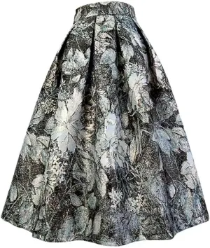 Summer Vintage Social Elegant Floral Embroidery High Waist Long Pleated Midi Skirt