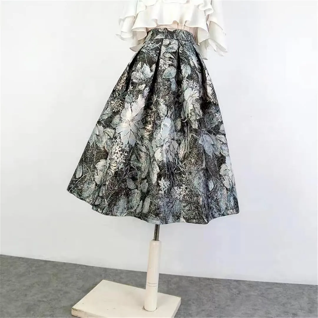 Summer Vintage Social Elegant Floral Embroidery High Waist Long Pleated Midi Skirt
