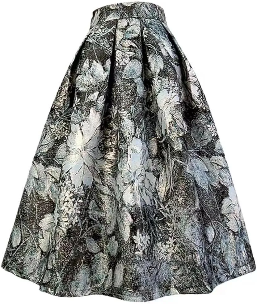 Summer Vintage Social Elegant Floral Embroidery High Waist Long Pleated Midi Skirt