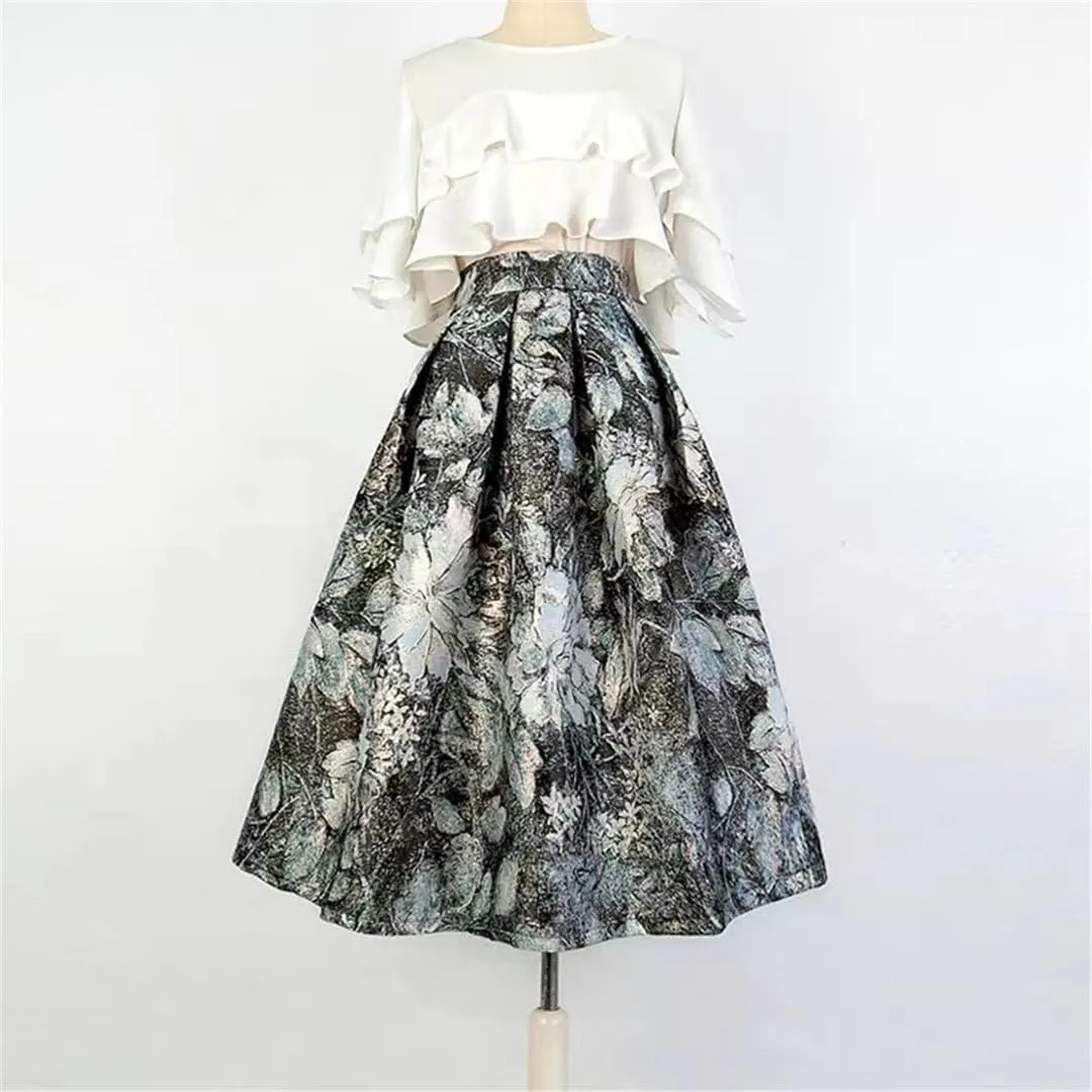 Summer Vintage Social Elegant Floral Embroidery High Waist Long Pleated Midi Skirt