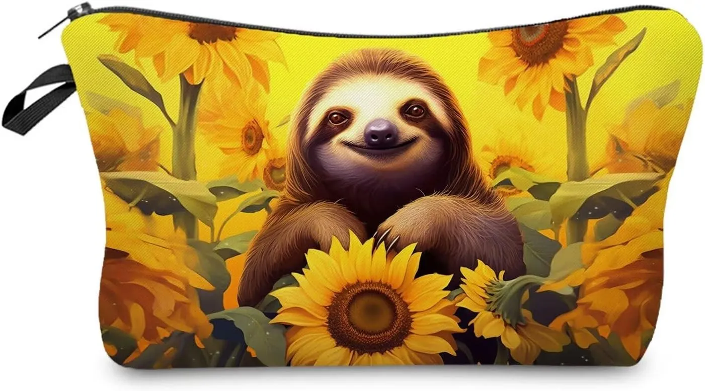 Sunflower Sloth Makeup Bag Cute Small Organizer Zipper Pouch Sunflower Sloth Cosmetic Bag Birthday Present for Women Friends