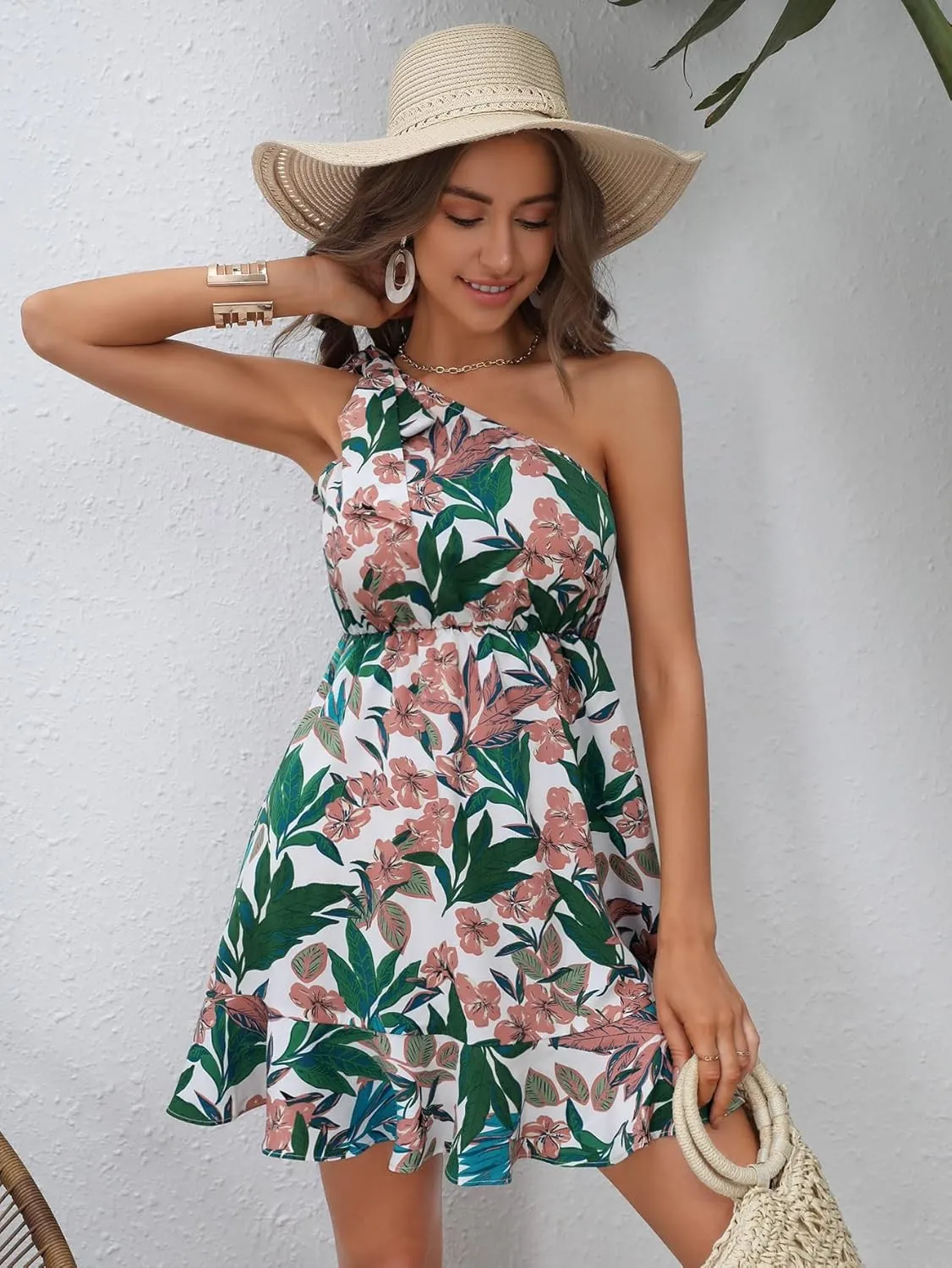 SweatyRocks Women's Boho Floral Print One Shoulder Dress Summer Ruffle Hem A Line Mini Dresses