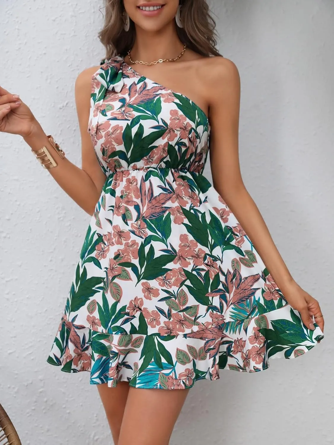 SweatyRocks Women's Boho Floral Print One Shoulder Dress Summer Ruffle Hem A Line Mini Dresses