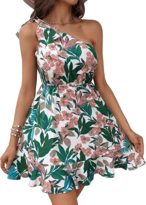 SweatyRocks Women's Boho Floral Print One Shoulder Dress Summer Ruffle Hem A Line Mini Dresses