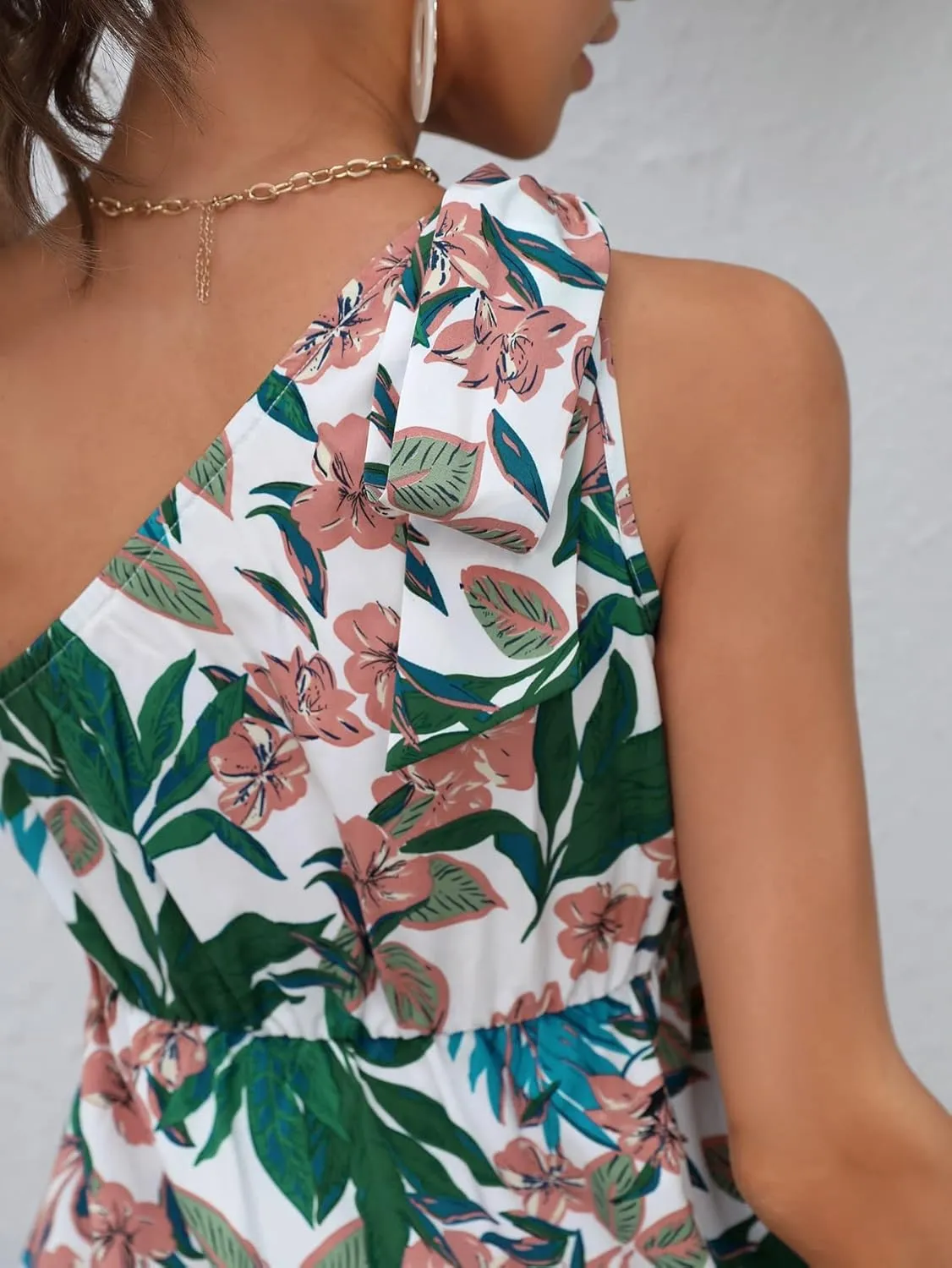 SweatyRocks Women's Boho Floral Print One Shoulder Dress Summer Ruffle Hem A Line Mini Dresses