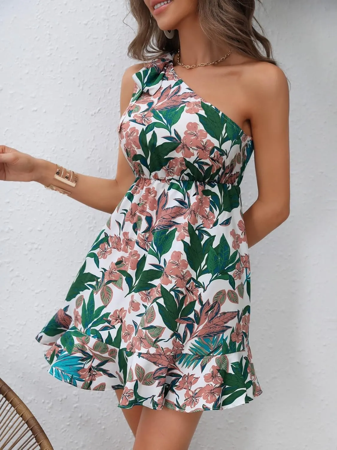 SweatyRocks Women's Boho Floral Print One Shoulder Dress Summer Ruffle Hem A Line Mini Dresses