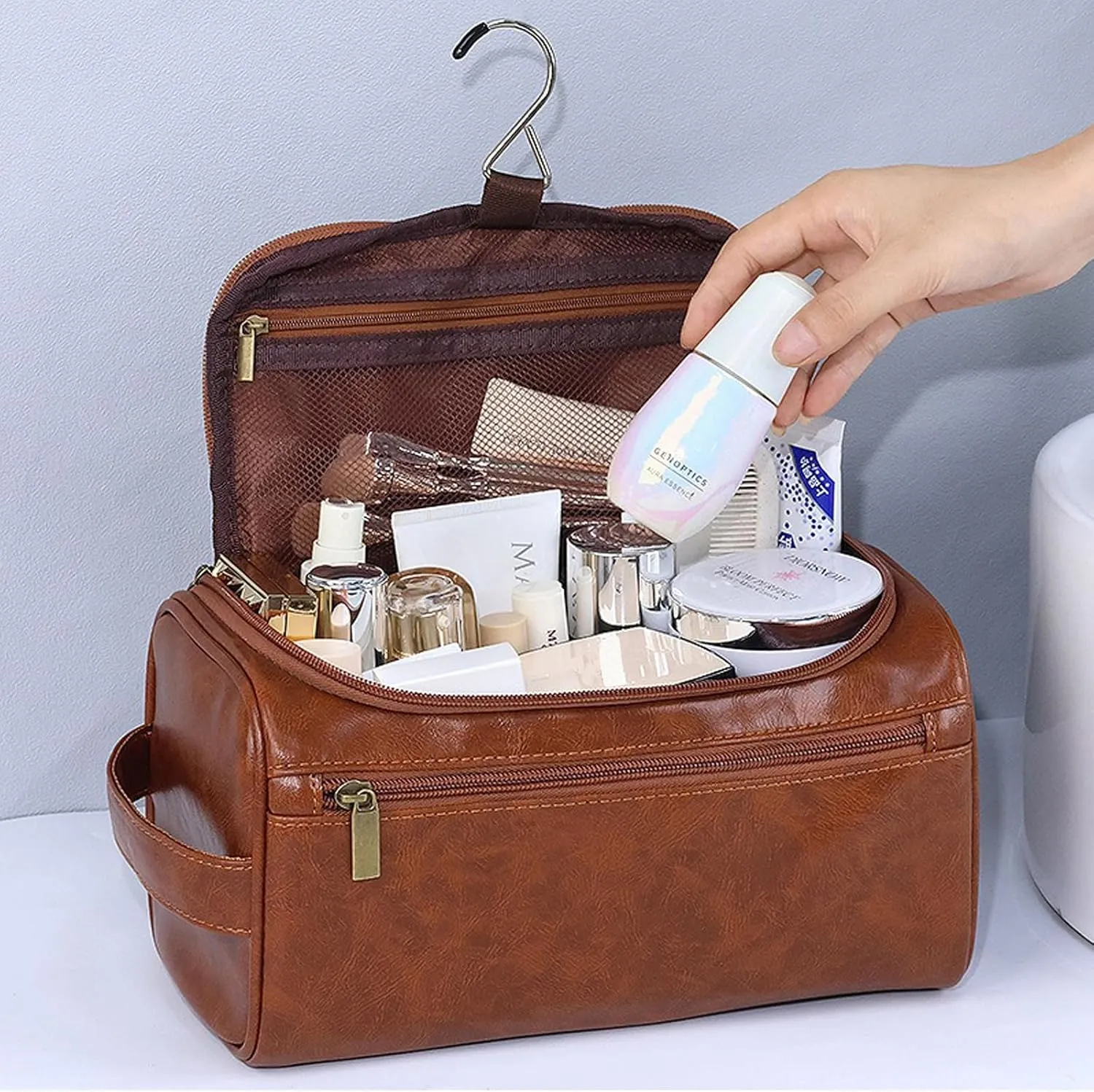Travel Toiletry Bag for Men Women PU Leather Cosmetic Bags Travel Bag Organizer Water-resistant Bathroom Toiletries Accessories,Beige