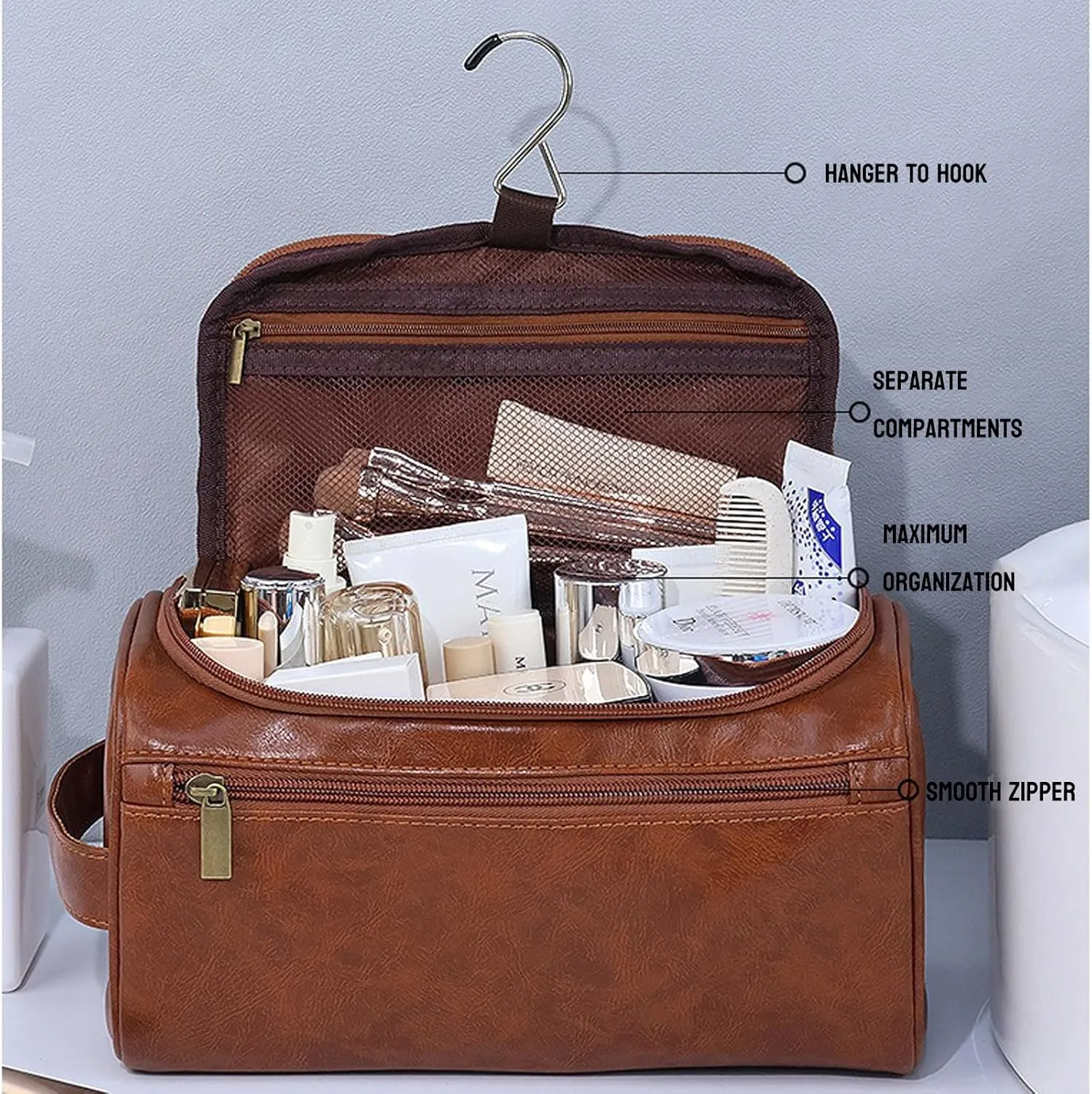 Travel Toiletry Bag for Men Women PU Leather Cosmetic Bags Travel Bag Organizer Water-resistant Bathroom Toiletries Accessories,Beige