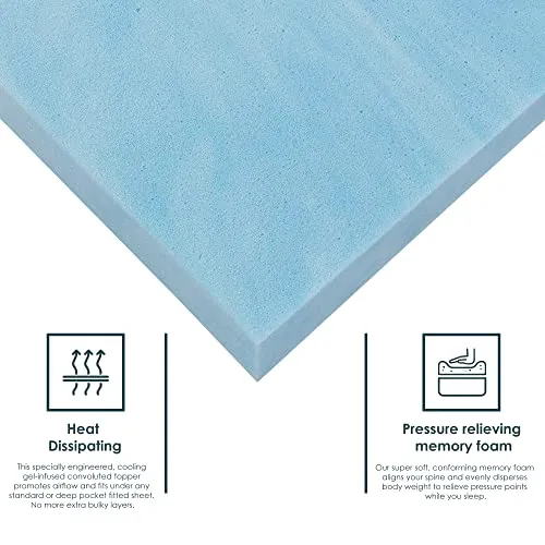 Treaton, 2-Inch Gel Memory Foam Mattress Topper, CertiPUR-US Certified for Superior Comfort and Support, Queen, Blue