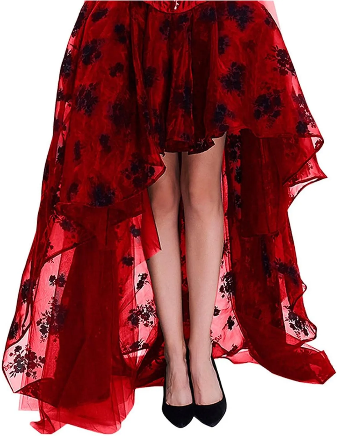 Tulle Skirts for Women Double-Layered Tutu Elastic Waist Floral Print Mesh High Low Asymmetrical A-Line Midi Skirt