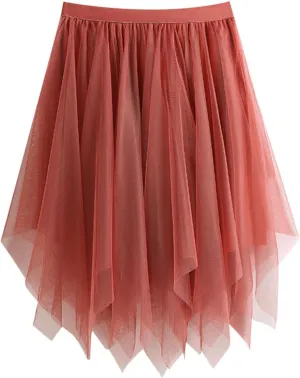 Tulle Skirts for Women Elastic Midi Skirt A-line Irregular Layered Mesh Tutu Skirts Pleated Skirts for Women