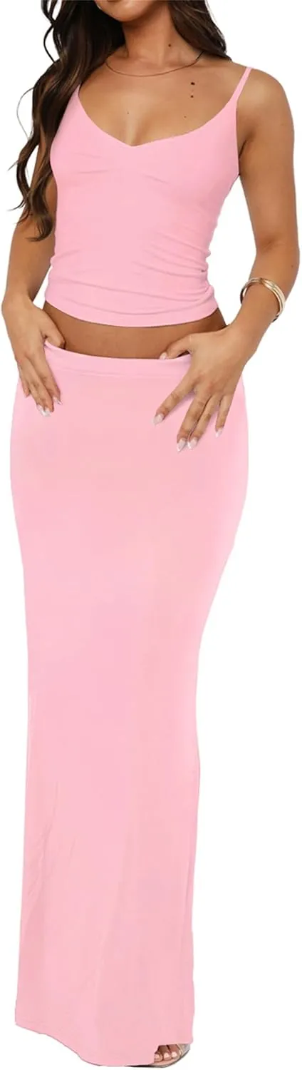 Two Piece Skirt Set for Women - Sexy 2 Pc Sleeveless Spaghetti Strap Pleated Tank Top Maxi Long Skirts Sets