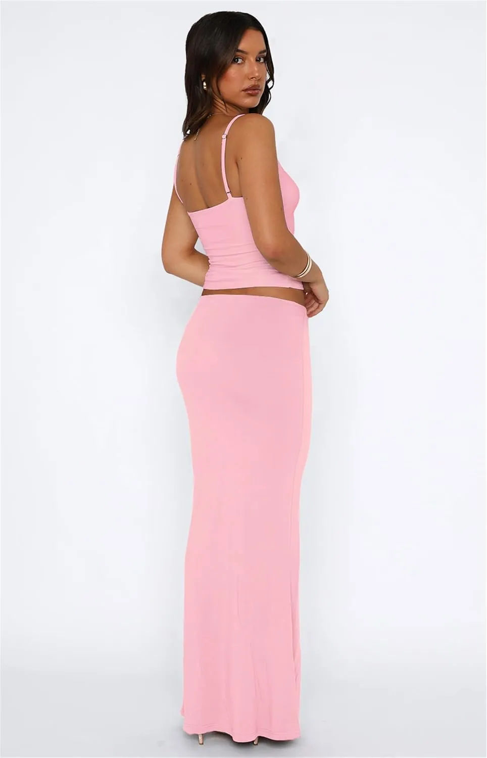 Two Piece Skirt Set for Women - Sexy 2 Pc Sleeveless Spaghetti Strap Pleated Tank Top Maxi Long Skirts Sets