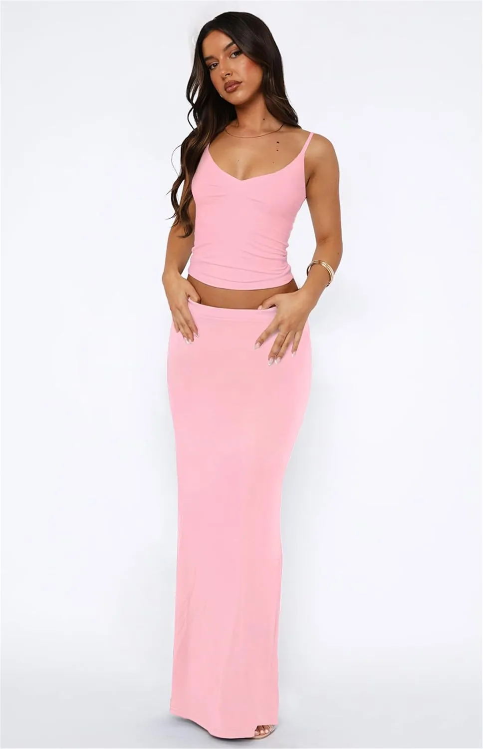 Two Piece Skirt Set for Women - Sexy 2 Pc Sleeveless Spaghetti Strap Pleated Tank Top Maxi Long Skirts Sets