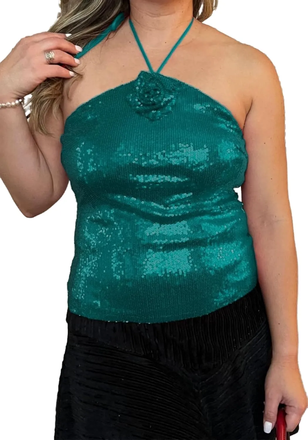 Vaceky Flower Sequin Halter Tops Women Cropped Sleeveless Backless Sparkly Camisole