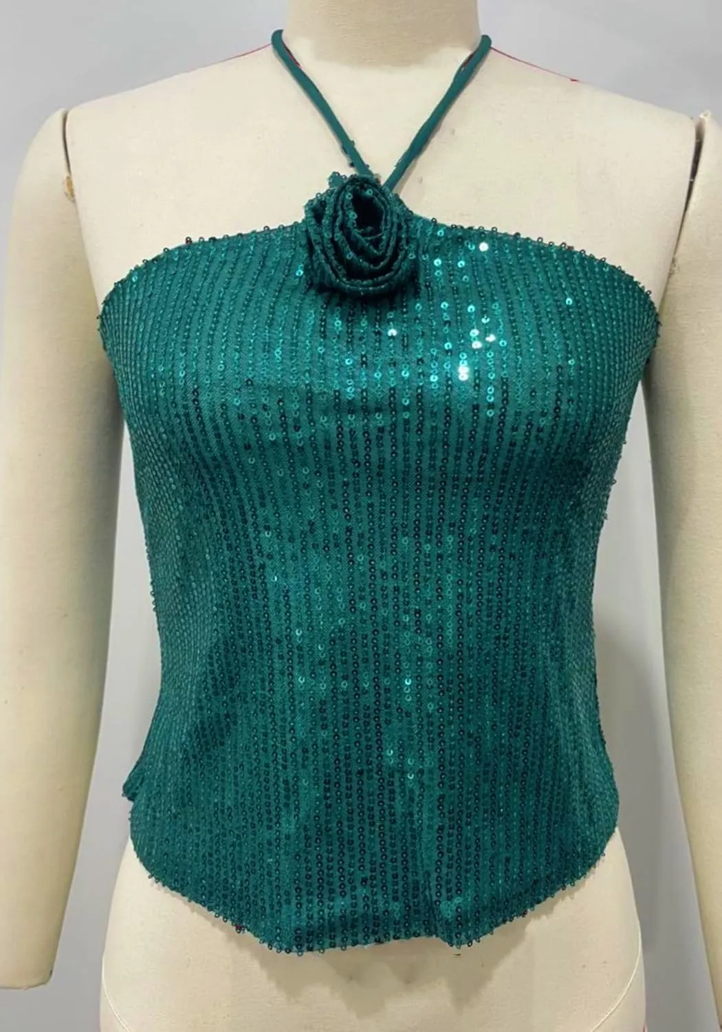 Vaceky Flower Sequin Halter Tops Women Cropped Sleeveless Backless Sparkly Camisole