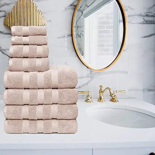 Vivendi 8-Piece Towel Set, 100% Cotton, Infinity Zero Twist (2 Bath Towels, 2 Hand Towels, 4 Wash Towels) Super Soft, Highly Absorbent Towels for Bathroom (Linen)