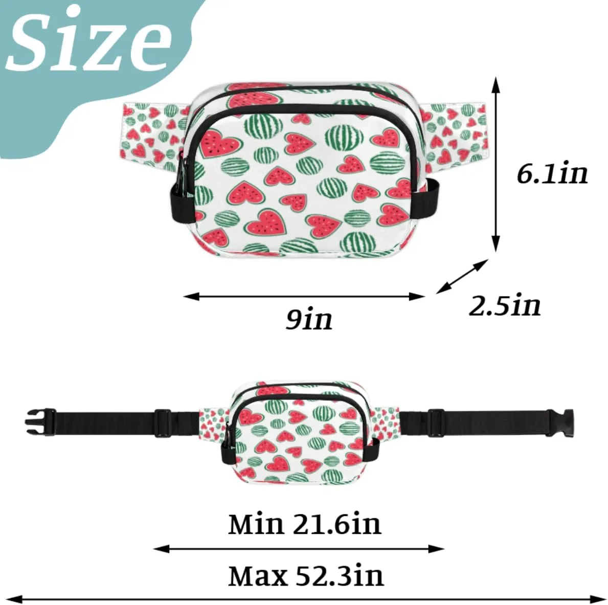 Watermelon Heart Shaped Fanny Pack for Women Men Waterproof Belt Bag Crossbody Waist Bag with Adjustable Strap Fashion Waist Packs for Casual Running Gym Hiking Travel Workout Cycling