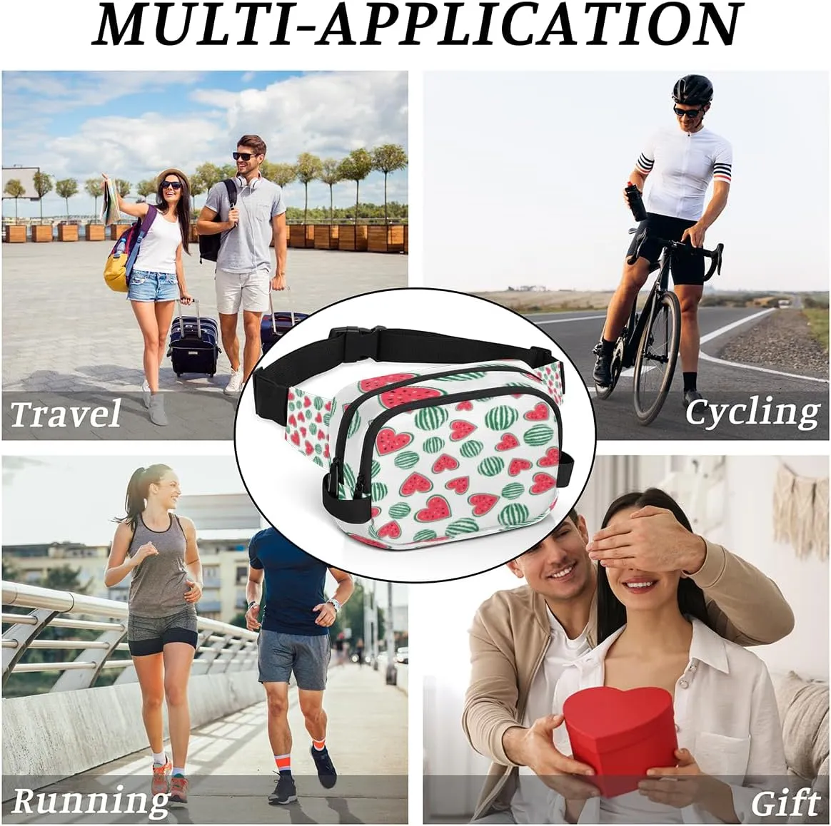 Watermelon Heart Shaped Fanny Pack for Women Men Waterproof Belt Bag Crossbody Waist Bag with Adjustable Strap Fashion Waist Packs for Casual Running Gym Hiking Travel Workout Cycling
