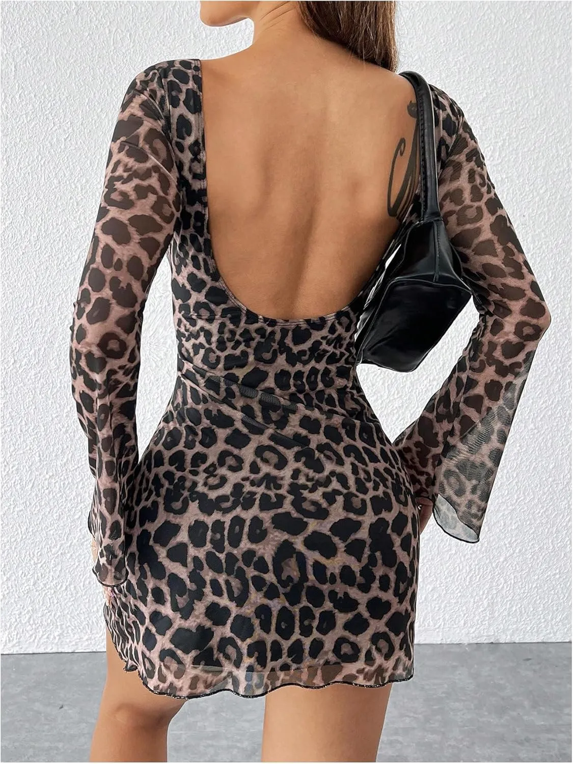 WDIRARA Women's Petite Leopard Print Boat Neck Dress Bell Long Sleeve Backless Mesh Bodycon Mini Dress