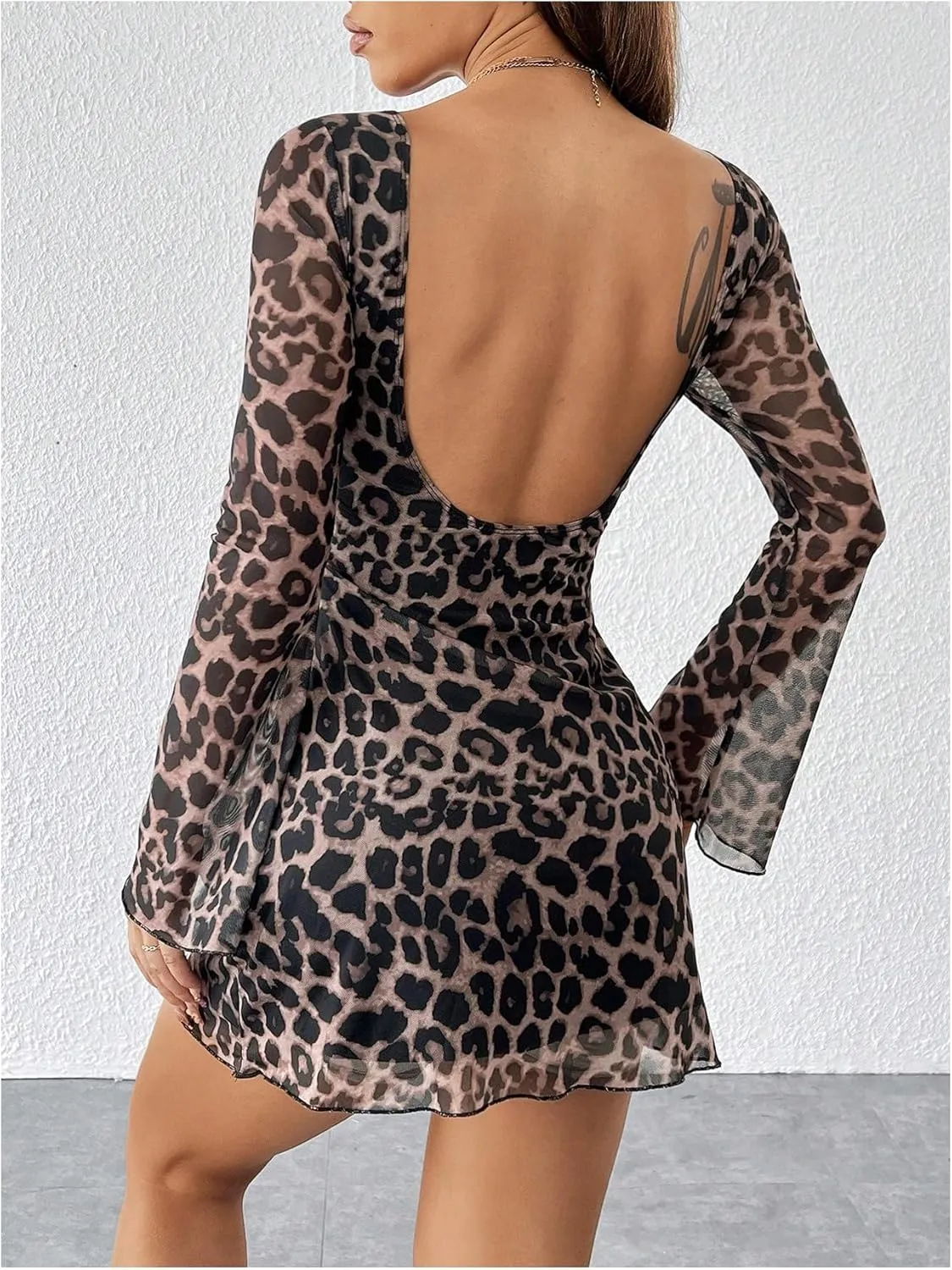 WDIRARA Women's Petite Leopard Print Boat Neck Dress Bell Long Sleeve Backless Mesh Bodycon Mini Dress