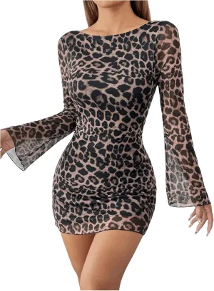 WDIRARA Women's Petite Leopard Print Boat Neck Dress Bell Long Sleeve Backless Mesh Bodycon Mini Dress